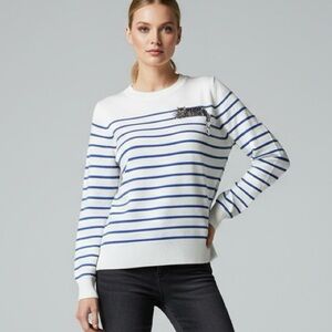 Anthropologie Calligraphie Novelty Striped Knit Cute Cat Sweater Kitty White L